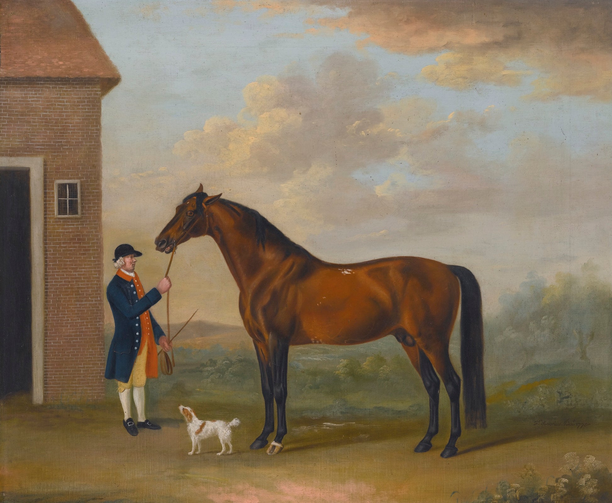 Henry Compton's Chestnut Hunter With Its Groom Outside A Stable, vintage artwork by Francis Sartorius, 12x8" (A4) Poster