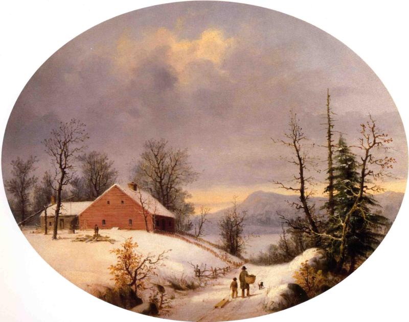 Winter Farmyard and Travelers, vintage artwork by George Henry Durrie, A3 (16x12") Poster Print