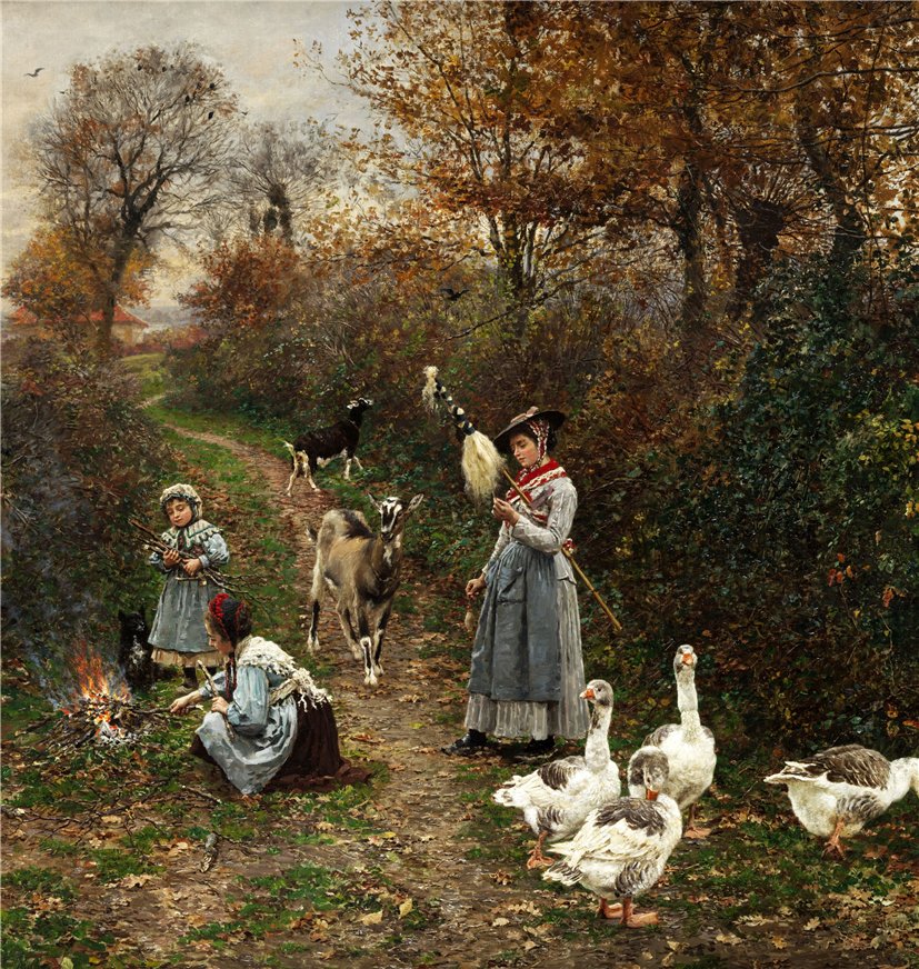 Shepherd Girls Making Fire at the Edge of the Forest, vintage artwork by Marie-Francois Firmin-Girard, 12x8" (A4) Poster