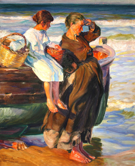 Mujer y niña en la playa de cullera, vintage artwork by Jose Mongrell Torrent, 12x8" (A4) Poster