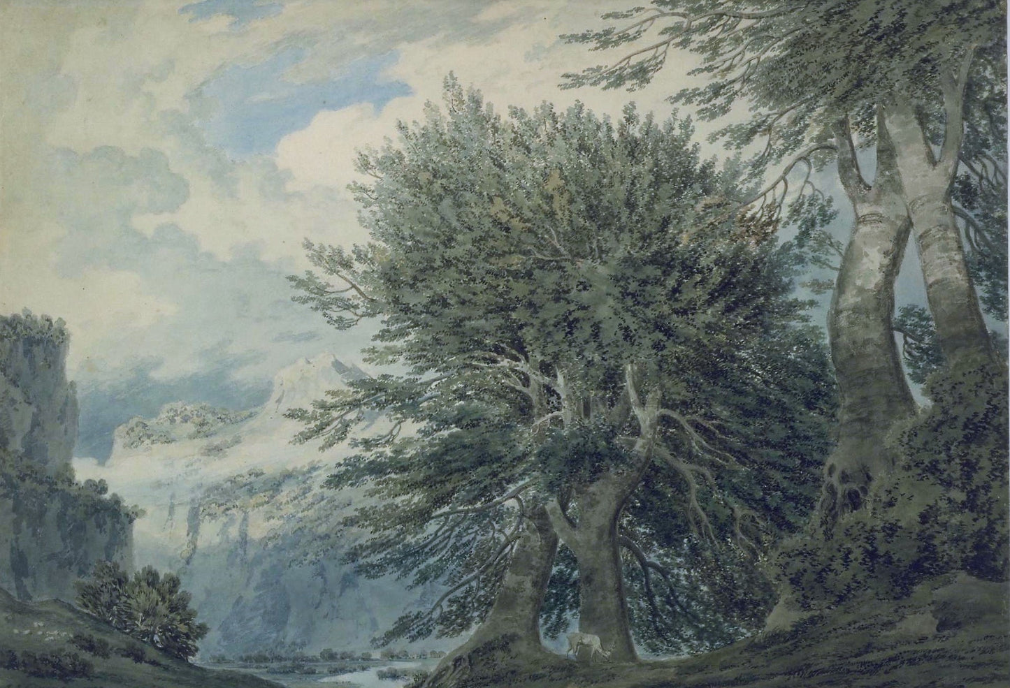 Mountainous Landscape with Beech Trees, vintage artwork by John Robert Cozens, 12x8" (A4) Poster