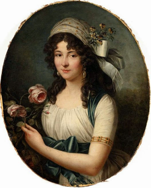 Portrait of a Lady by  a Rosebush, vintage artwork by Marie-Victoire Lemoine, 12x8" (A4) Poster