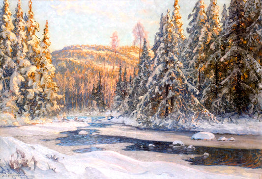 Winter Evening in Dalarna, vintage artwork by Anshelm Schultzberg, 12x8" (A4) Poster