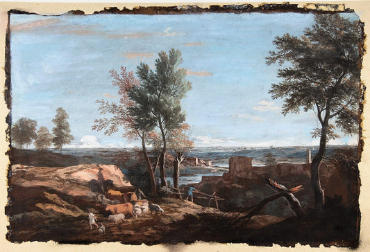 Extensive Pastoral Landscape, vintage artwork by Marco Ricci, 12x8" (A4) Poster