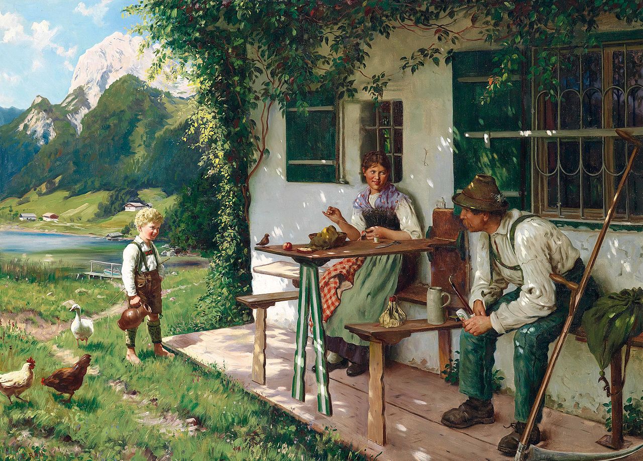 A summer day in front of the house, vintage artwork by Emil Rau, 12x8" (A4) Poster