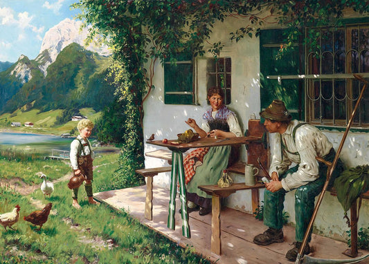 A summer day in front of the house, vintage artwork by Emil Rau, 12x8" (A4) Poster