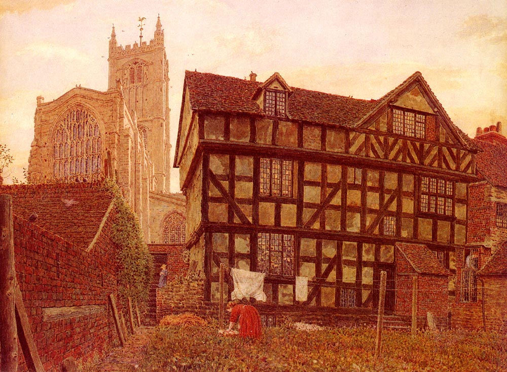 Church And Ancient Uninhabited House At Ludlow, vintage artwork by George Price Boyce, R.W.S., 12x8" (A4) Poster