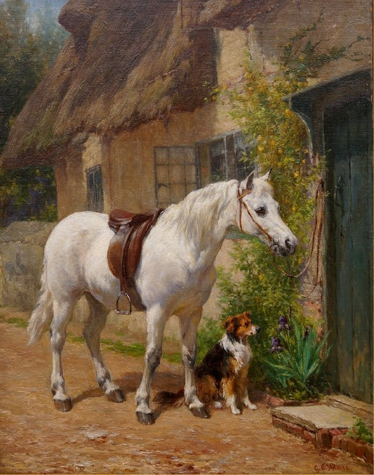 by  the Cottage Door, vintage artwork by George Augustus Holmes, 12x8" (A4) Poster