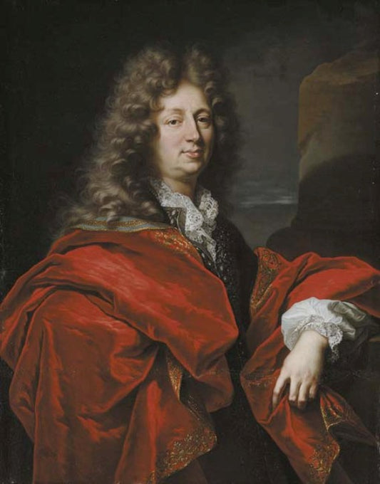 Portrait of a Gentleman in a Brown Jacket and Gold Embroidered Red Mantle, vintage artwork by Hyacinthe Rigaud, 12x8" (A4) Poster