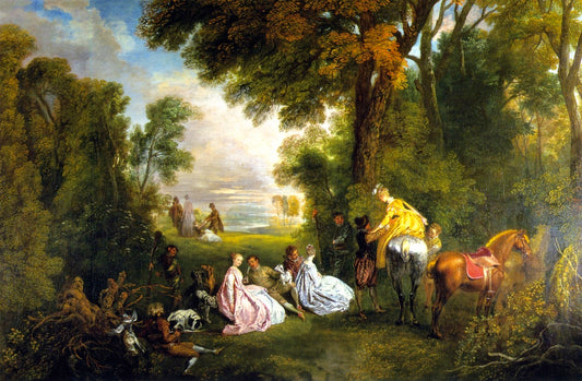 Rendez-vous de Chasse, vintage artwork by Jean-Antoine Watteau, 12x8" (A4) Poster