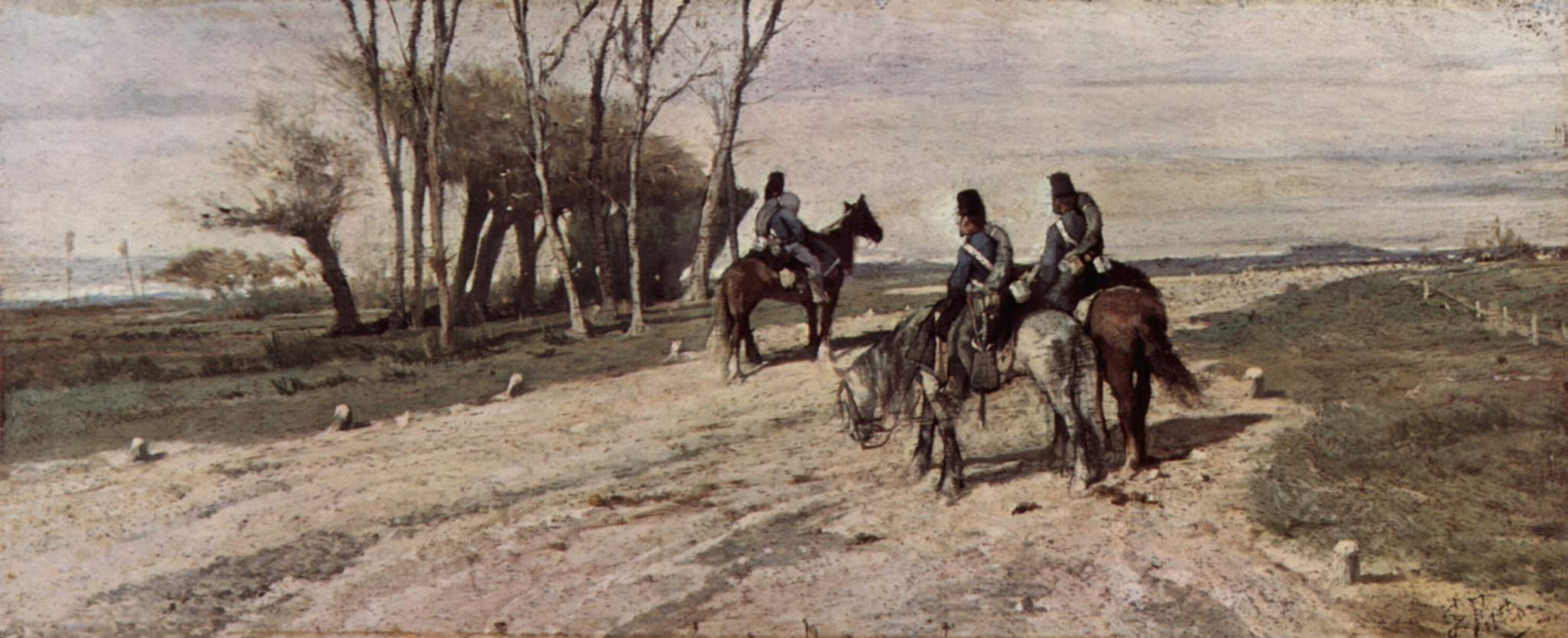 Three Cavalrymen on a Street, vintage artwork by Giovanni Fattori, 12x8" (A4) Poster