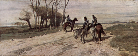 Three Cavalrymen on a Street, vintage artwork by Giovanni Fattori, 12x8" (A4) Poster