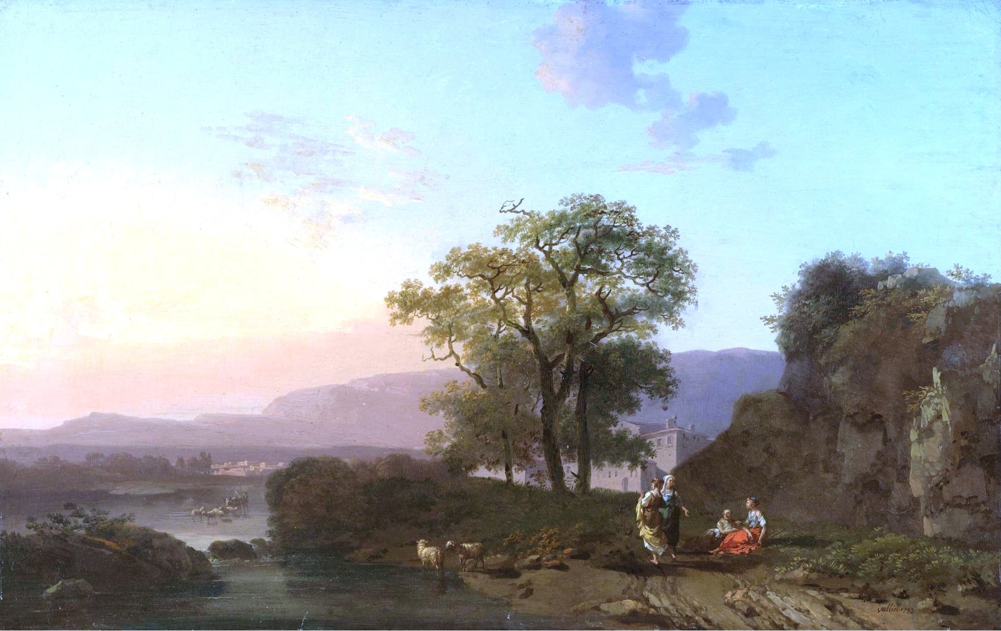 An Italianate Landscape at Sunset with Sheperdesses Resting in the Foreground, vintage artwork by Jacques-Antoine Vallin, 12x8" (A4) Poster