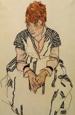 The Artist's Sister-in-Law in a Striped Dress, Seated, vintage artwork by Egon Schiele, 12x8" (A4) Poster