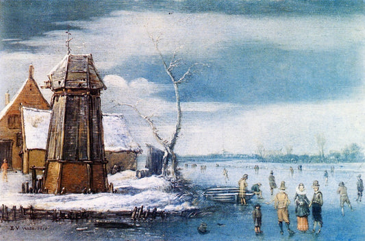 A Farm to the Left of a Frozen River, vintage artwork by Hendrick Avercamp, 12x8" (A4) Poster
