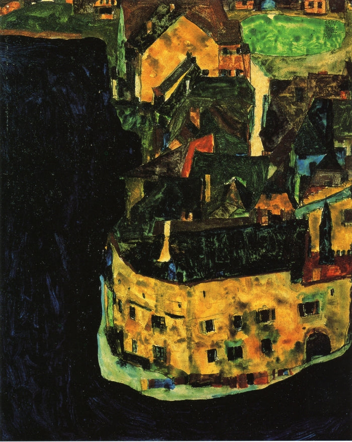 City on the Blue River, vintage artwork by Egon Schiele, 12x8