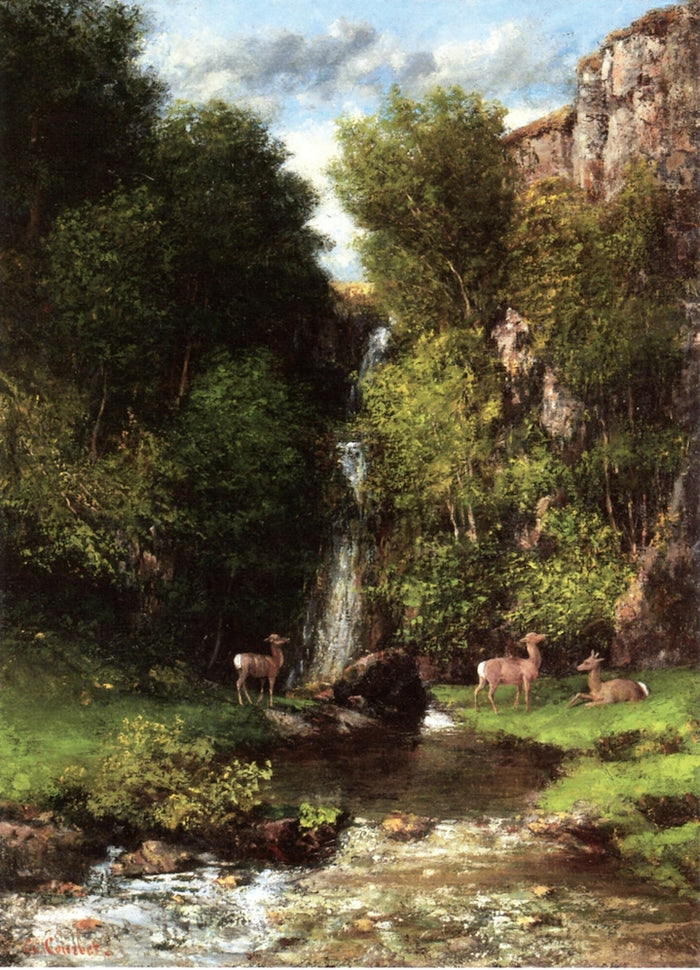 A Family of Deer in a Landscape with a Waterfall, vintage artwork by Gustave Courbet, A3 (16x12
