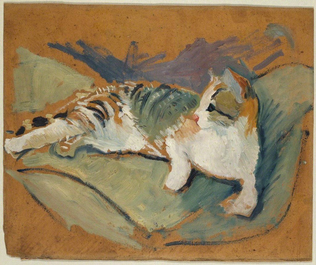 Cat on Green Pillow, vintage artwork by August Macke, 12x8" (A4) Poster