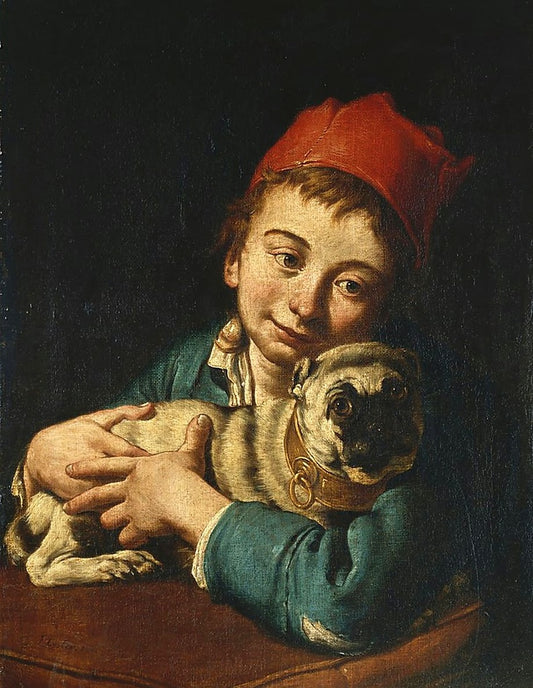 A Boy in a Blue Jacket and a Red Hat, Holding a Pug on a Cushion, vintage artwork by Giacomo Ceruti, 12x8" (A4) Poster