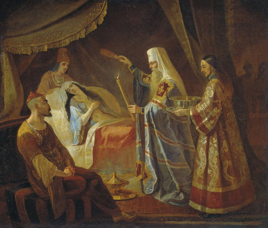 Metropolitan Alexis Cures Taidula, the Wife of Khan Chanibek, vintage artwork by Yakov Kapkov, A3 (16x12") Poster Print