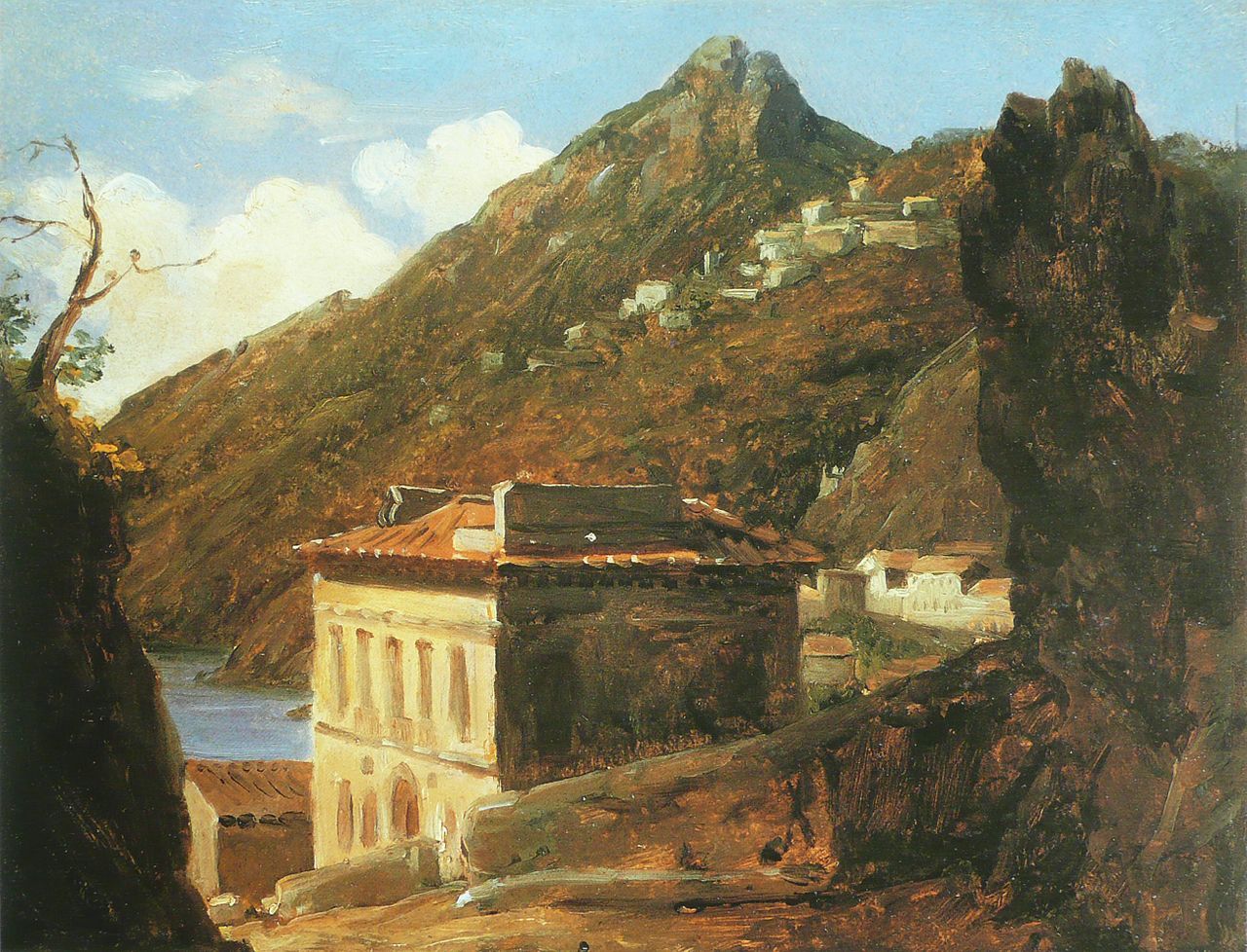 A house near Lake Vietri, vintage artwork by Auguste Jean Baptiste Vinchon, 12x8" (A4) Poster