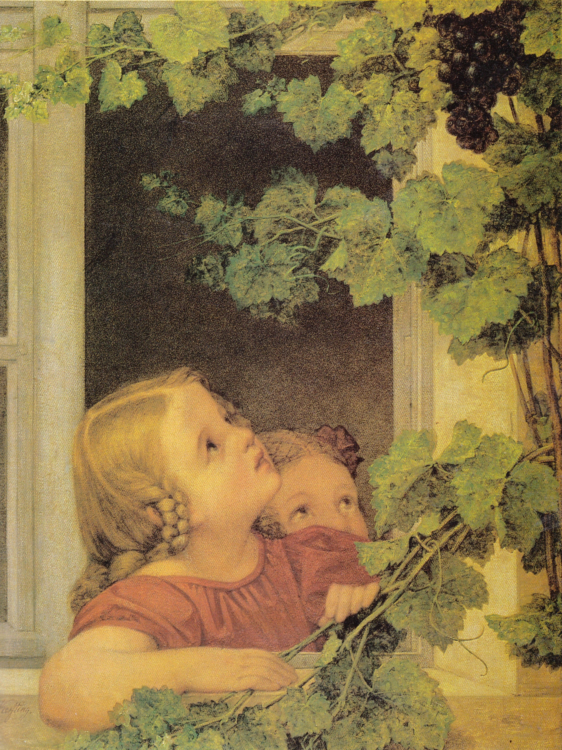 Children at the Window, vintage artwork by Georg Friedrich Kersting, 12x8" (A4) Poster