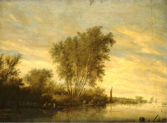 River landscape with fishermen setting out their nets, a ferry beyond, vintage artwork by Salomon van Ruysdael, 12x8" (A4) Poster