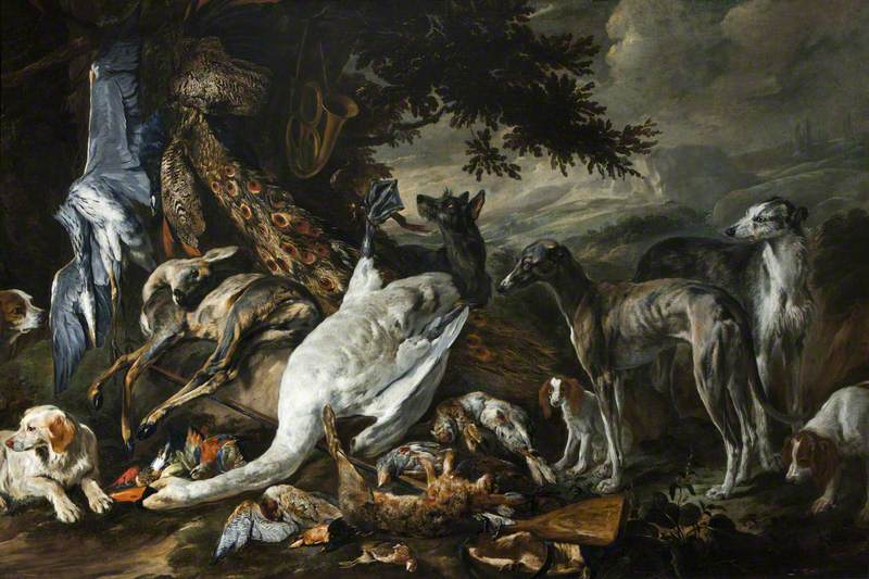 Swan and other Dead Birds with Sporting Dogs in a Landscape, vintage artwork by Jan Fyt, 12x8" (A4) Poster