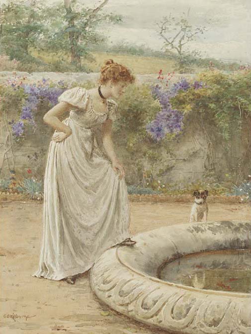 A lady and her dog looking into a fish pond, vintage artwork by George Goodwin Kilburne, 12x8" (A4) Poster