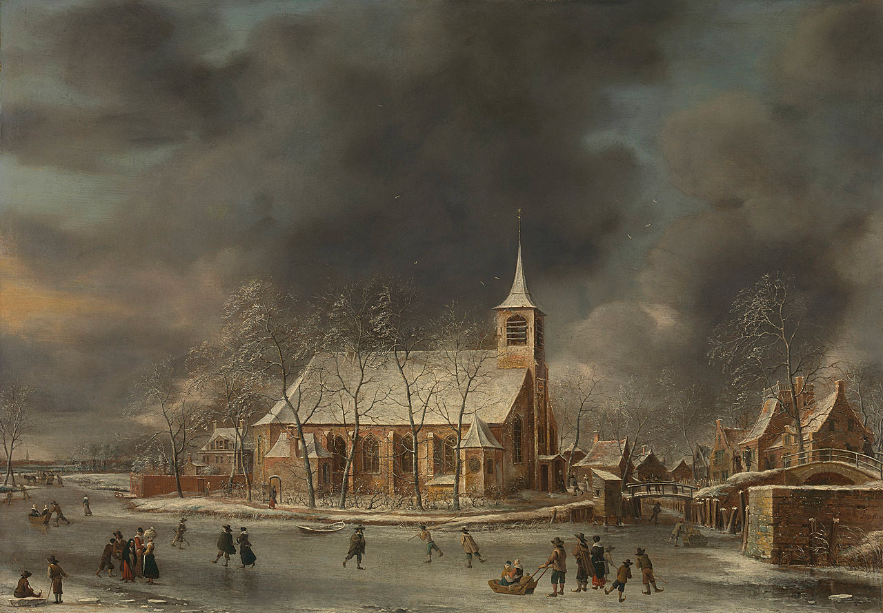 The Slooten Church in Winter, vintage artwork by Jan Abrahamsz Beerstraten, 12x8" (A4) Poster