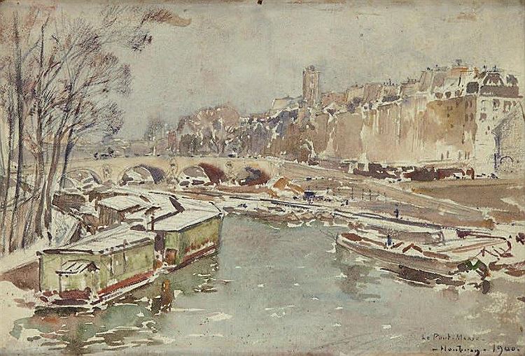 The Bridge Marie under Snow, Paris, vintage artwork by Frederic-Anatole Houbron, 12x8" (A4) Poster