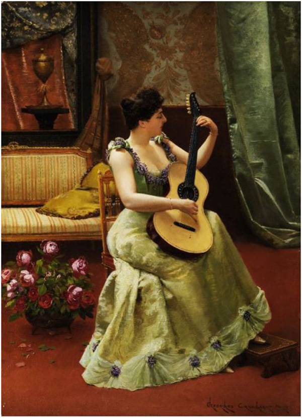 Woman with Guitar, vintage artwork by Georges Croegaert, 12x8" (A4) Poster