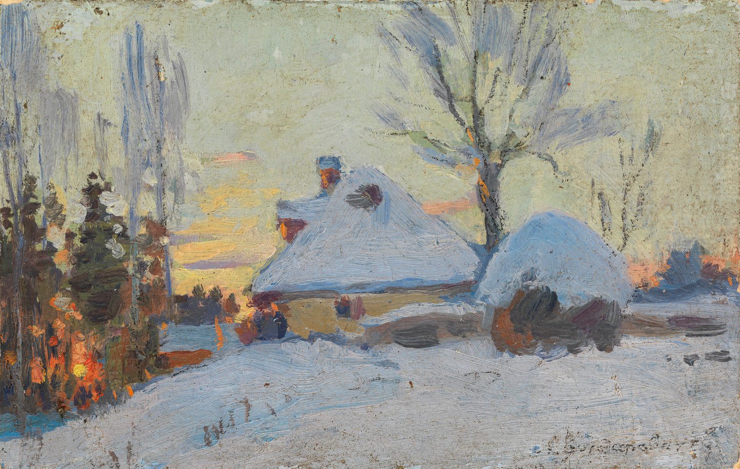 Winter Village at Sunset, vintage artwork by Sergei Ivanovich Vasilkovsky, 12x8" (A4) Poster