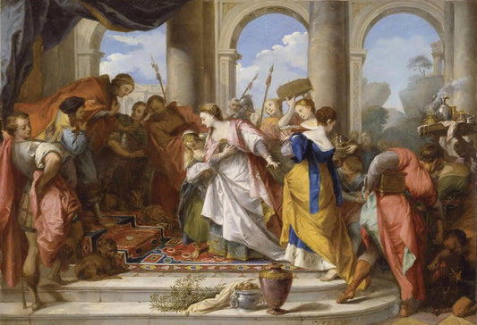Solomon Welcomed by  the Queen of Sheba, vintage artwork by Nicolas Vleughels, 12x8" (A4) Poster