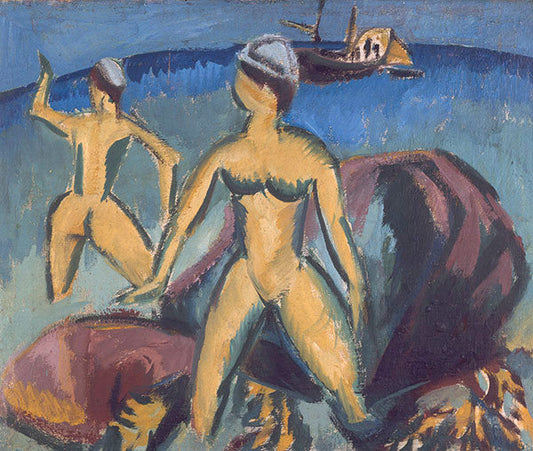 Bathers at Fehmarn, vintage artwork by Ernst Ludwig Kirchner, 12x8" (A4) Poster