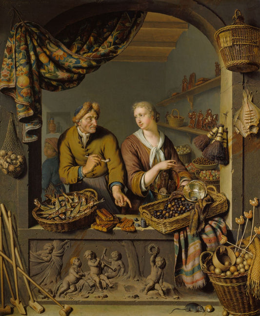 An Old Man and a Girl at a Vegetable and Fish Stall, vintage artwork by Willem van Mieris, 12x8" (A4) Poster