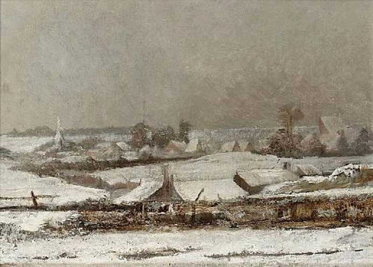 Village in the Snow, vintage artwork by Periklis Pantazis, 12x8" (A4) Poster