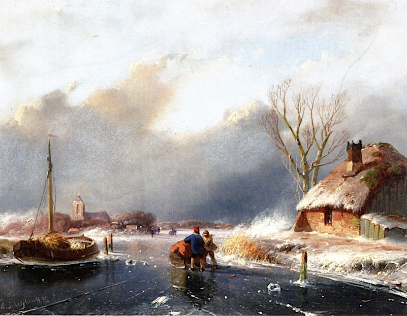 A Winter Landscape with Figures on the Ice, vintage artwork by Andreas Schelfhout, 12x8" (A4) Poster