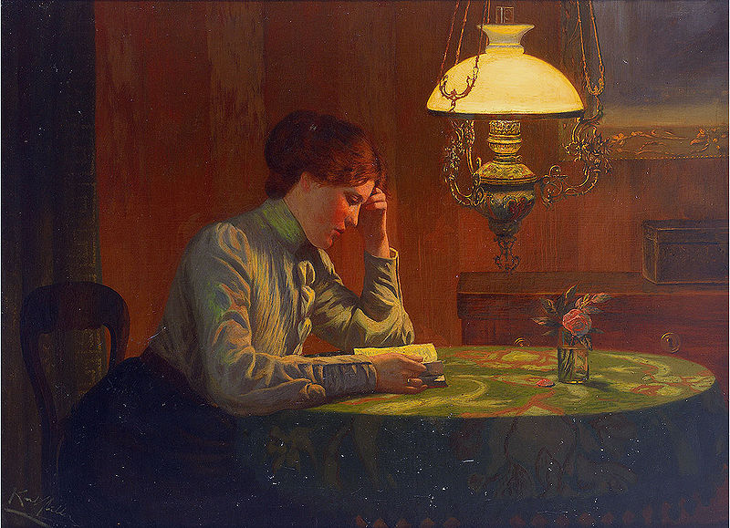 Young woman reading at a table in light of the kerosene lamp, vintage artwork by Leopold Carl Müller, 12x8" (A4) Poster