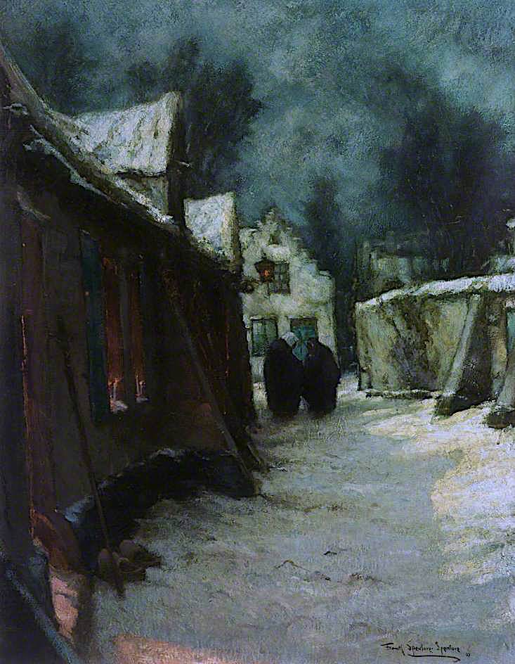 The Light at the Door, a January Night in Flanders, vintage artwork by Frank Spenlove-Spenlove, 12x8" (A4) Poster
