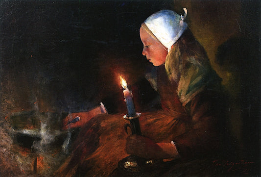 Girl with Candle, vintage artwork by Ferdinand du Puigaudeau, 12x8" (A4) Poster