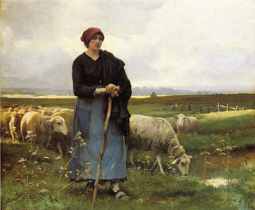 A Shepherdess with her Flock, vintage artwork by Julien Dupre, 12x8" (A4) Poster