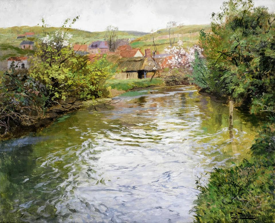 Farmhouses on the banks of a stream, vintage artwork by Fritz Thaulow, 12x8" (A4) Poster