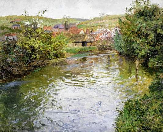 Farmhouses on the banks of a stream, vintage artwork by Fritz Thaulow, 12x8" (A4) Poster