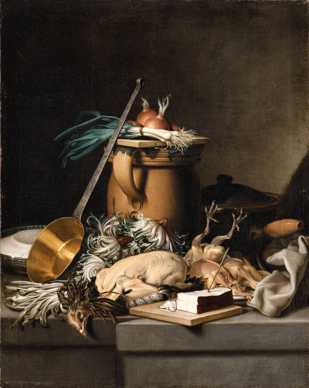 A Kitchen Still Life with Poultry, Vegetables, and Bread, vintage artwork by Nicolas Henri Jeaurat de Bertry, 12x8" (A4) Poster