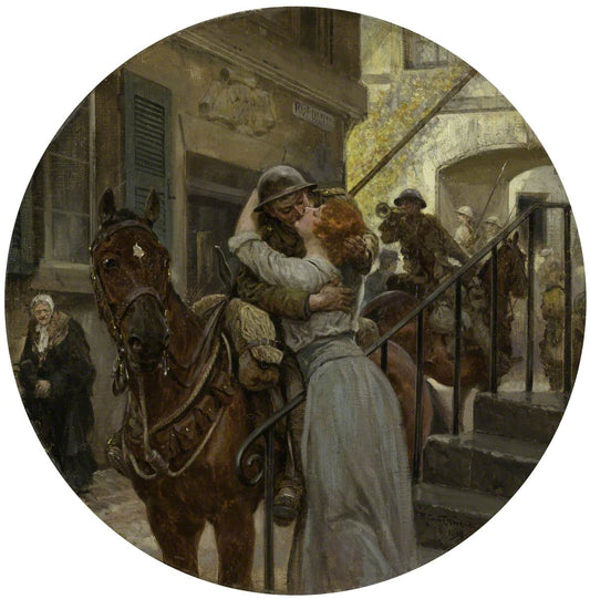Entry of the 5th Lancers into Mons, 11th November 1918, vintage artwork by Richard Caton Woodville the Younger, 12x8" (A4) Poster