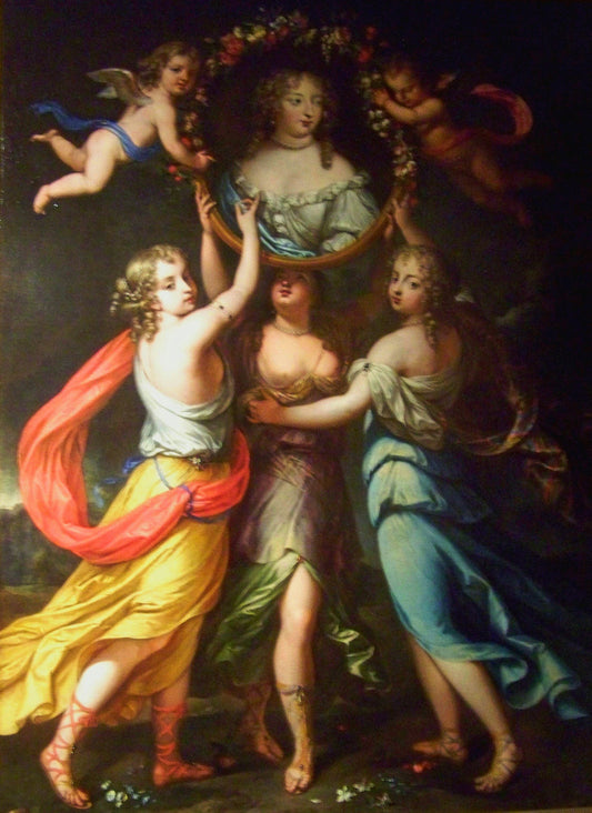 Madame de Montespan held by  the three graces, vintage artwork by Attributed to Pierre Mignard, 12x8" (A4) Poster