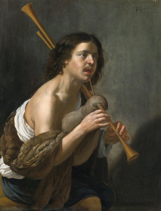 A Bagpipe Player, vintage artwork by Jan van Bijlert, 12x8" (A4) Poster