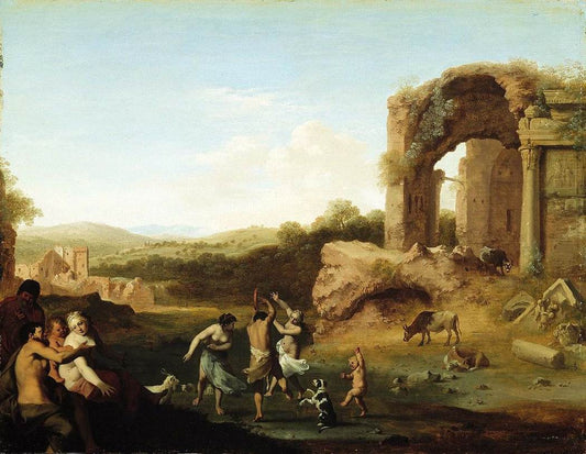 Figures Dancing near Ruins, vintage artwork by Cornelis van Poelenburgh, 12x8" (A4) Poster