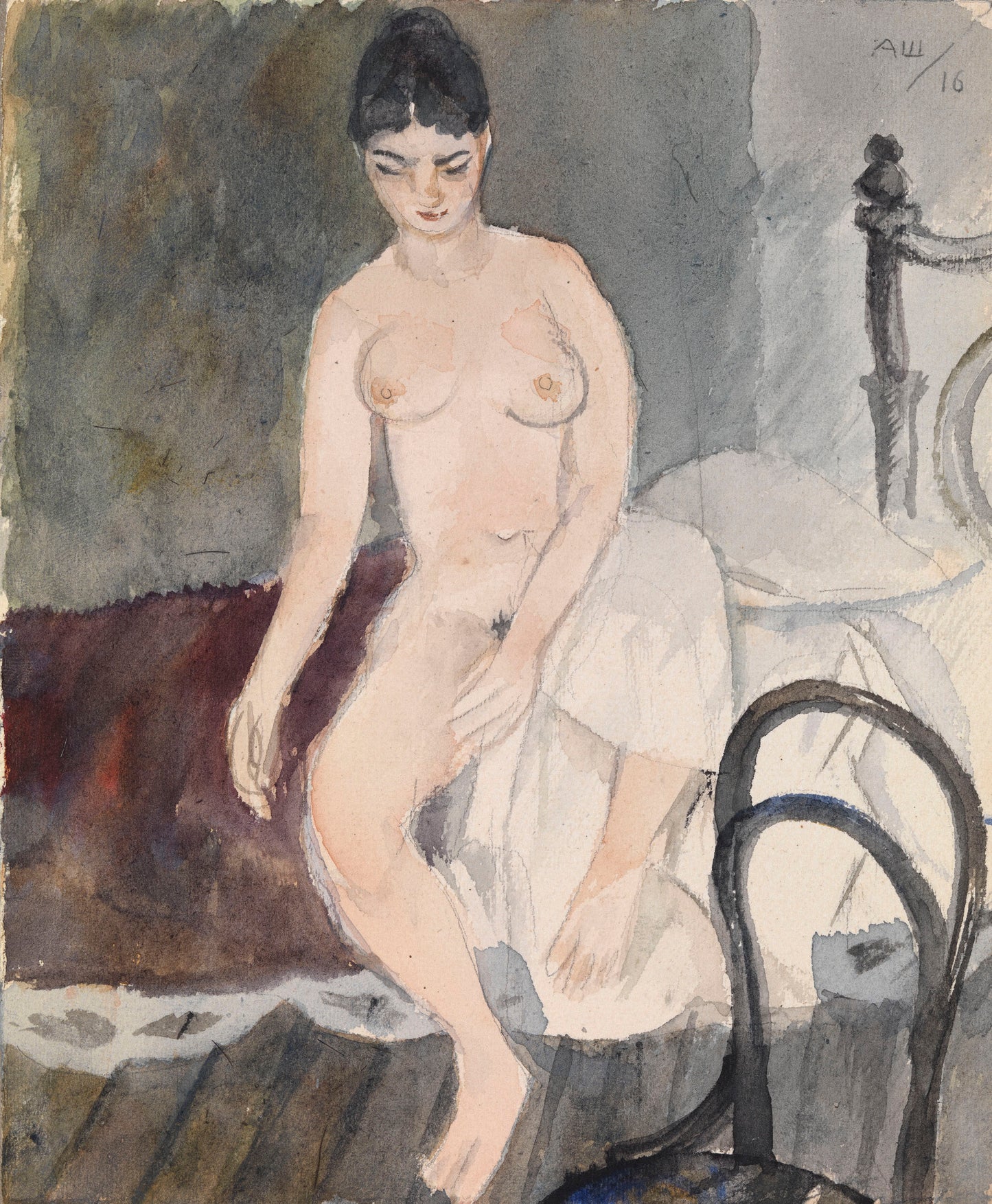 Nude Seated on a Bed, vintage artwork by Alexander Shevchenko, 12x8" (A4) Poster